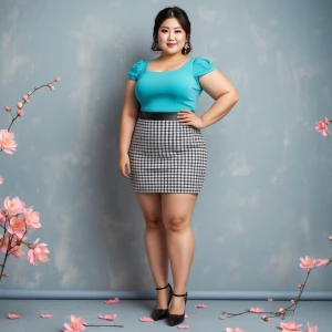 Create the image of asian curvy girl with short skirt and heels