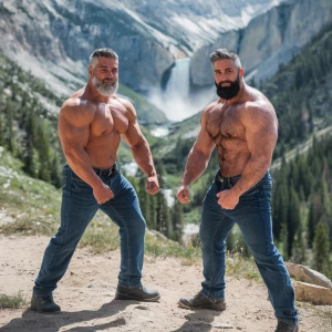 Make 2 men with gray-black hair and beard bodybuilder big arms a...