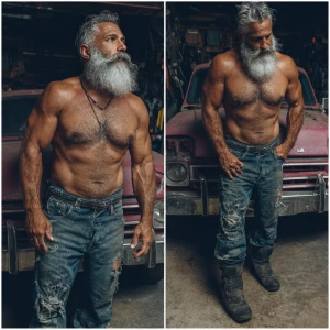 A bodybuilder with big arms, big chest hairy chest wearing denim...