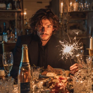 A elegant man sitting at a beautifully arranged New Year's dinne...