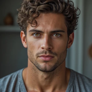 A handsome  light-skinned man, hazel  eyes,  short curly hair,...