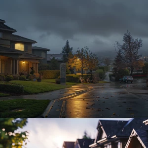 cinematic nighttime cul-de-sac, gated suburban community, luxury...