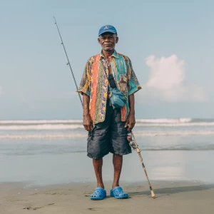 A male fisherman wearing loose black shorts, an unbuttoned, loos...