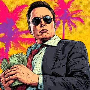 Elon Musk in GTA art style,  Make elon rob a bank, in the style...