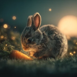 adorable baby rabbit discovering a softly glowing golden carrot...