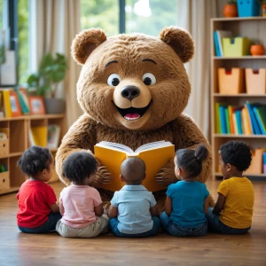 Create a happy bear reading to 5 preschoolers