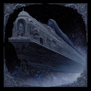 A hauntingly colossal darkwave-driven galaxy galleon, wreathed i...