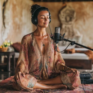 An beautiful  etherial flowers young woman meditation coach is s...