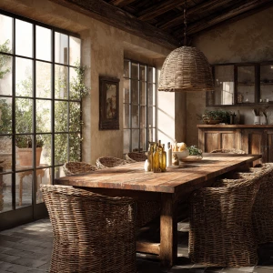 Create an image of a rustic Italian dining space featuring a lar...