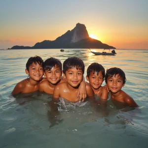 give me a real pictures of 5 Indonesia Bajou kids playing with w...