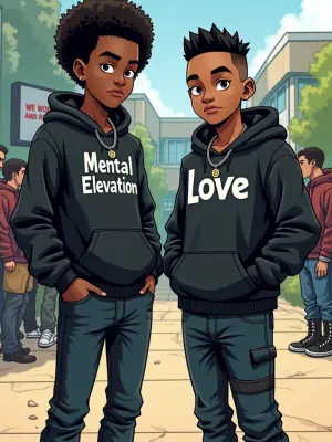 Create a photorealistic cartoon-style comic featuring two seriou...