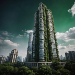 Make a green based skyscraper that is 350 meters