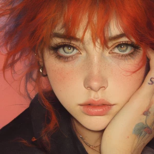 A beautiful redhead supermodel woman, with both hands supporting...