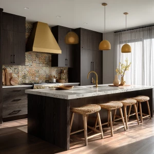 Create a 16:9 aspect ratio image of a modern Scandinavian kitche...