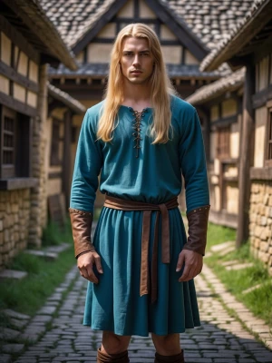 Create a realistic full-length photo in a medieval village style...