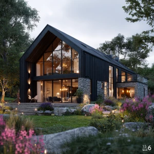 Create an image of a luxurious Scandinavian house exterior featu...