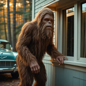 A humanoid looking haircovered sasquatch looking in a window of...