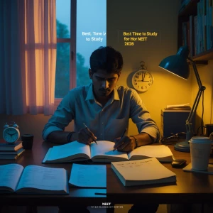 Ultra-realistic cinematic 16:9 image showing a NEET aspirant res...