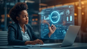 An African professional lady sitting at a desk collaborating wit...