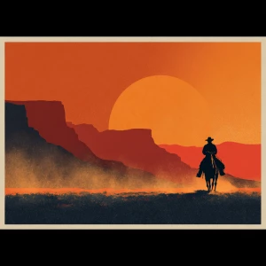 A lone cowboy on horseback rides across wide open prairies at su...