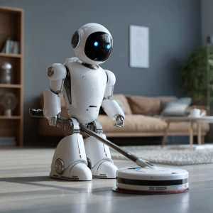 Humanoid robot vacuuming a living room floor.