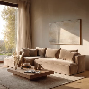 Create a luxurious editorial living room with a warm beige palet...