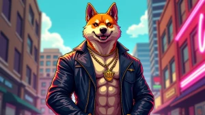 muscular doge character in a leather jacket holding a gold chain...