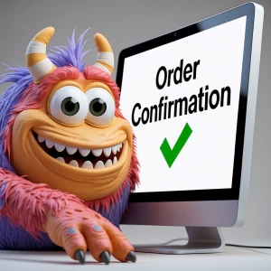 Generate a claymation image of a friendly-looking monster buying...