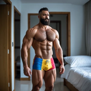 Create a detailed image of a muscular man with a beard standing...