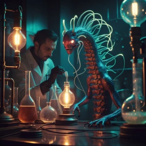 Amidst flickering gas lamps and swirling shadows in a dimly-lit...