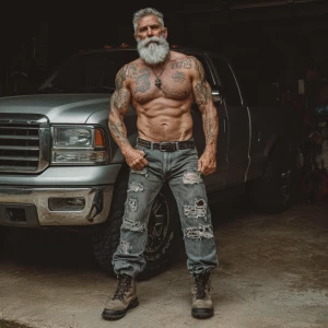 A bodybuilder with big arms, big chest hairy chest wearing denim...