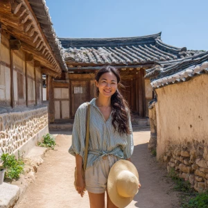 A beautiful Korean woman in her twenties touring Andong Hahoe Fo...