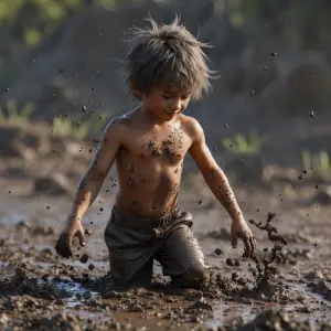 A young boy with messy hair playing in the mud, his bare chest c...