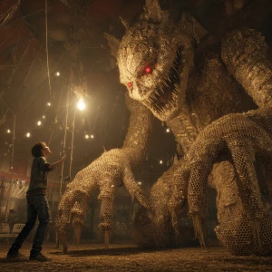 A menacing clown figure, intricately constructed from golden hon...