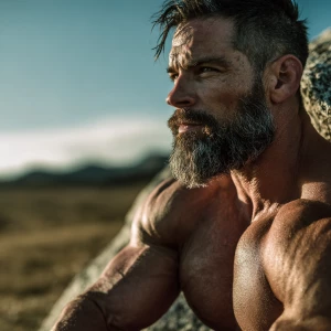 A close-up portrait of a muscular white man with a beard, sittin...