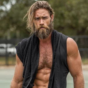 The image shows a man blond hair and beard with a muscular, hair...