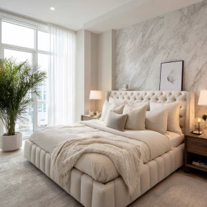 Ultra-realistic photograph of a spa-like luxury bedroom, wide sh...