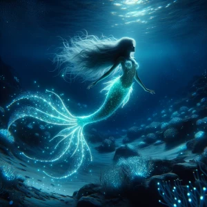 In the depths of the ocean, a mesmerizing bioluminescent mermaid...