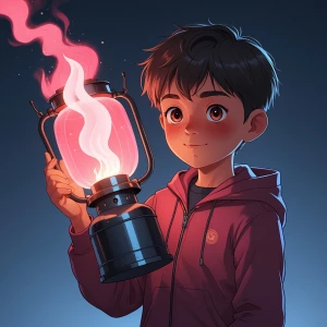 a boy holding alantern’s flame turned rose-pink, it should be an...