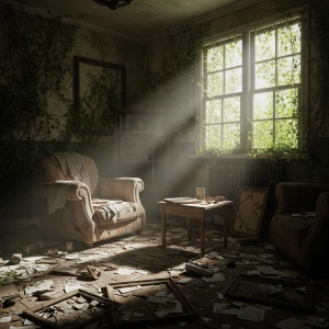 A highly realistic photograph of an abandoned room, filled with...