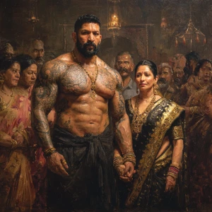 Realism,oil painting.a muscular beefy sweaty tattoed indian man...