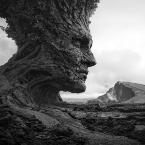 Create an image of a colossal tree exuding toxicity with a human...