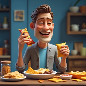 Claymation of a man enjoying snacks