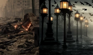 A scorched city frozen in time, human silhouettes burned into cr...