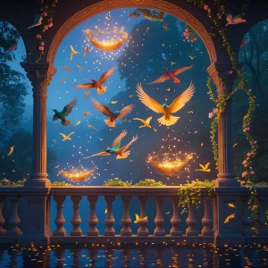 Enchanted Aviary Balcony: An open-air balcony stretches into the...