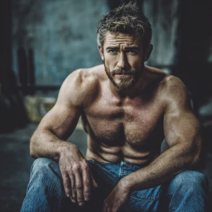 Describe the image of a man exuding confidence and strength in a...