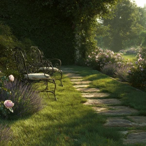 Create a serene garden scene resembling the English countryside,...
