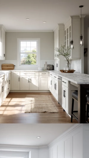 Create a realistic depiction of a contemporary kitchen featuring...