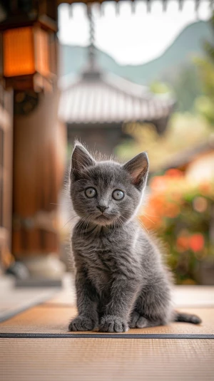 close-up adorable gray british shorthair kitten with big bright...