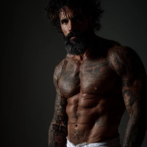 A muscular bodybuilder with a deep tan, dark hair, thick beard,...